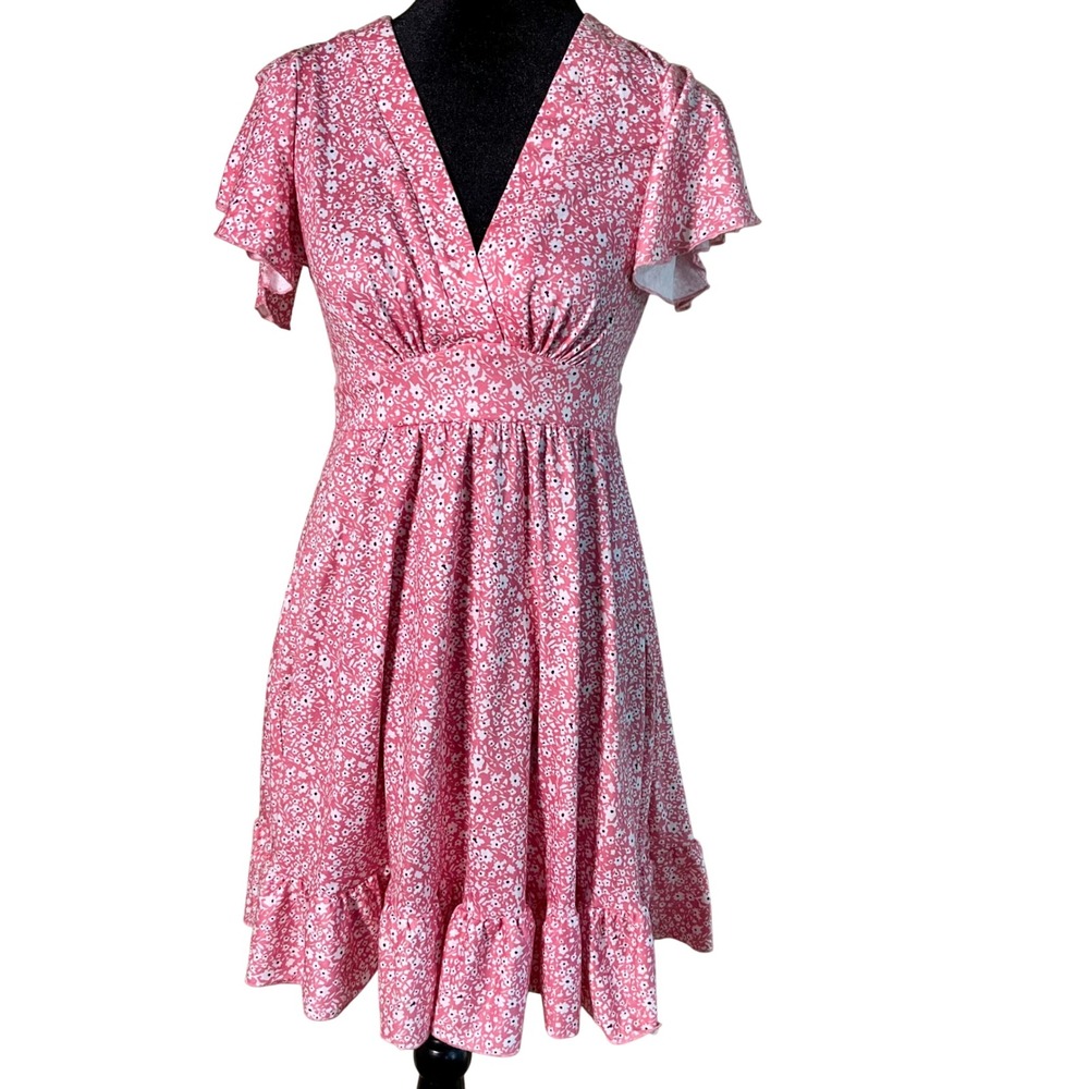 Torary Pink Ditsy Floral Flutter Sleeve V-Neck Mini Dress Small Cottagecore Boho